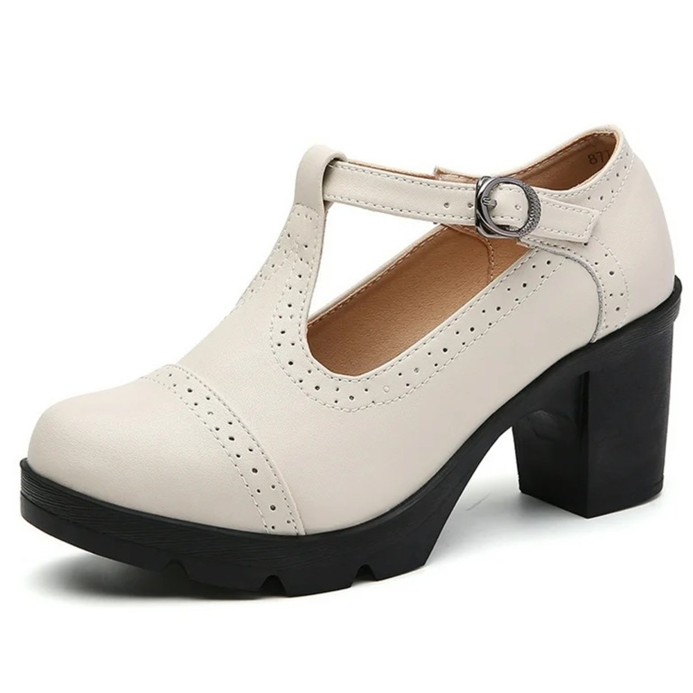 Beige Leather Classic T-Strap Chunky Mid-Heel Mary Jane Shoes